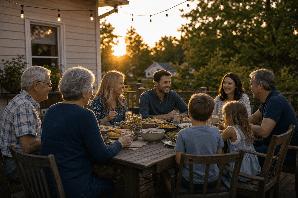 A family dinner outside at sunset