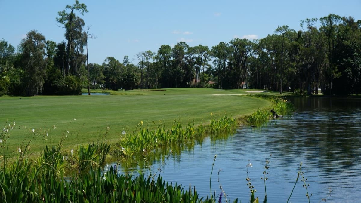 A fairway curving alongside a lake framed by native pines at Eagle Ridge Golf Club