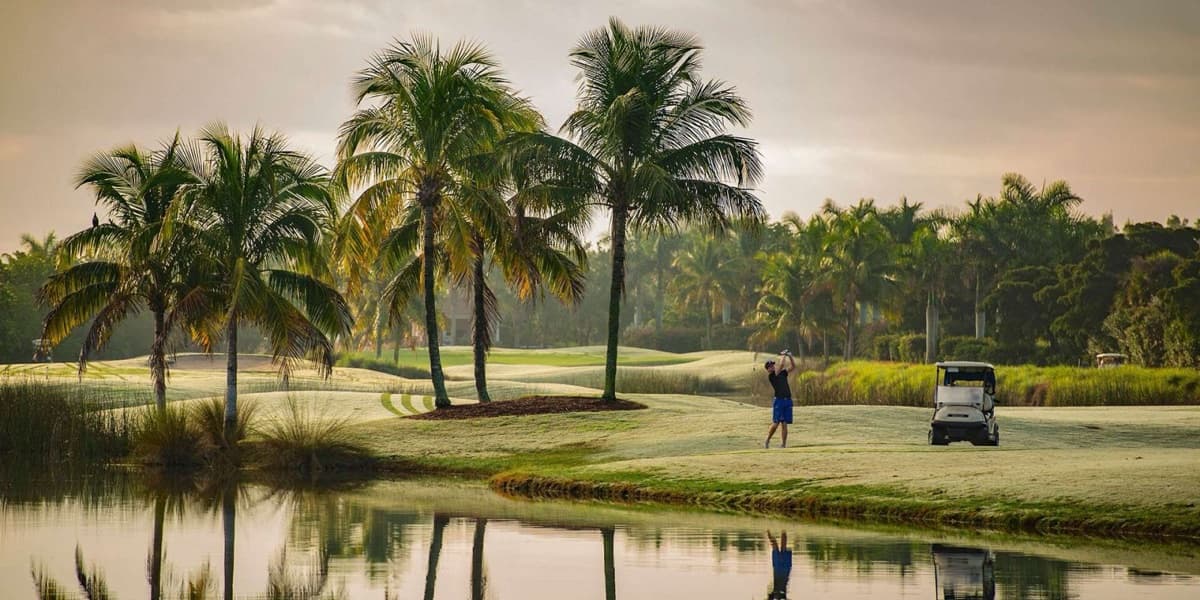 A golfer mid-swing beside tall palm trees and a still pond at Shell Point Golf Club
