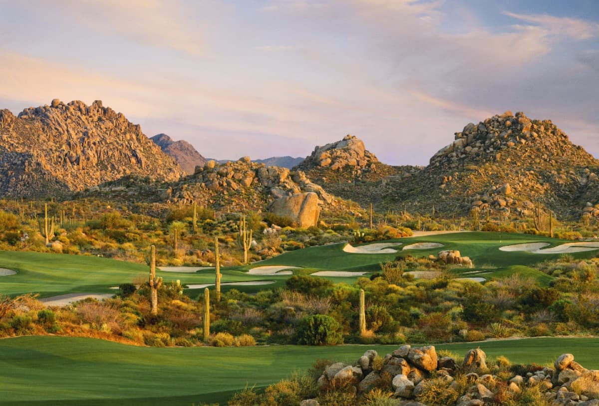Desert fairway and boulders at Troon North Golf Club in Scottsdale, Arizona
