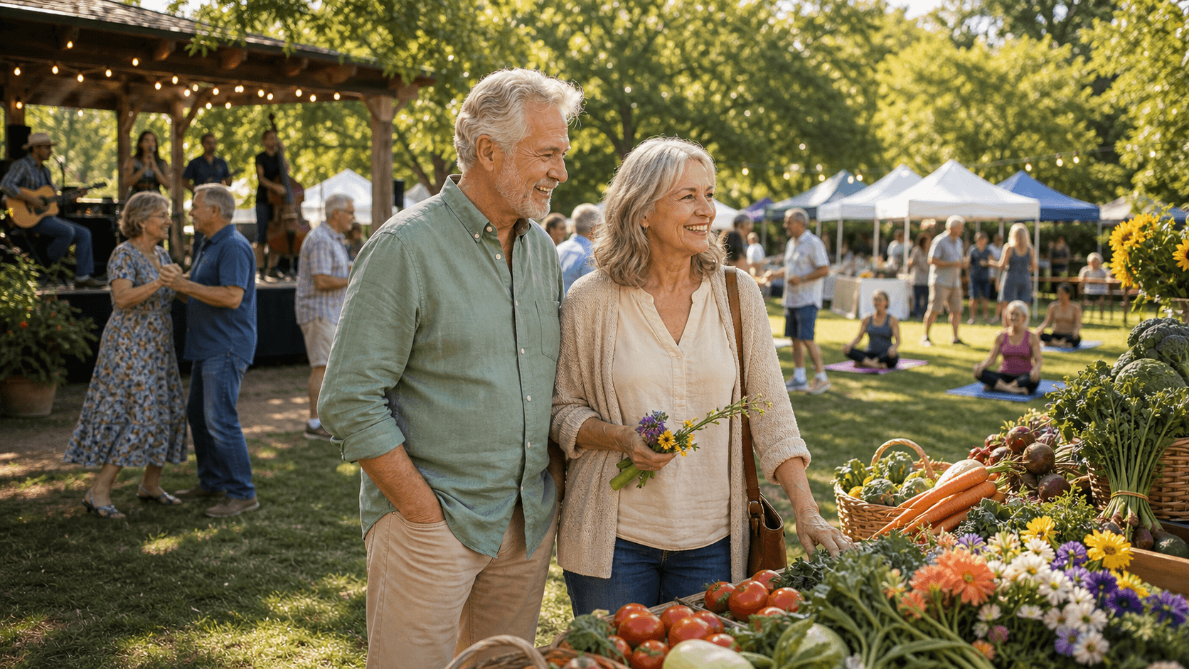 A couple at an outdoor festival with music, market tables, dancing, and yoga nearby