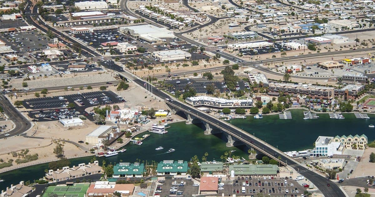 Aerial view of London Bridge in Lake Havasu City, Arizona