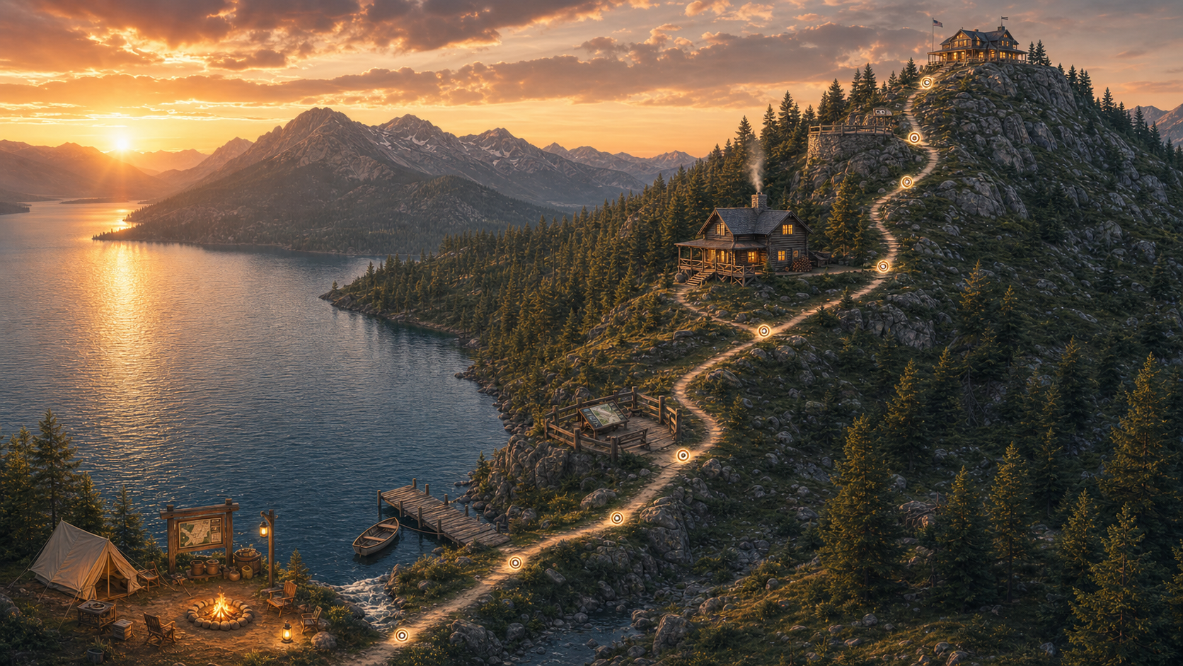 A scenic retirement journey map from shoreline to mountain home